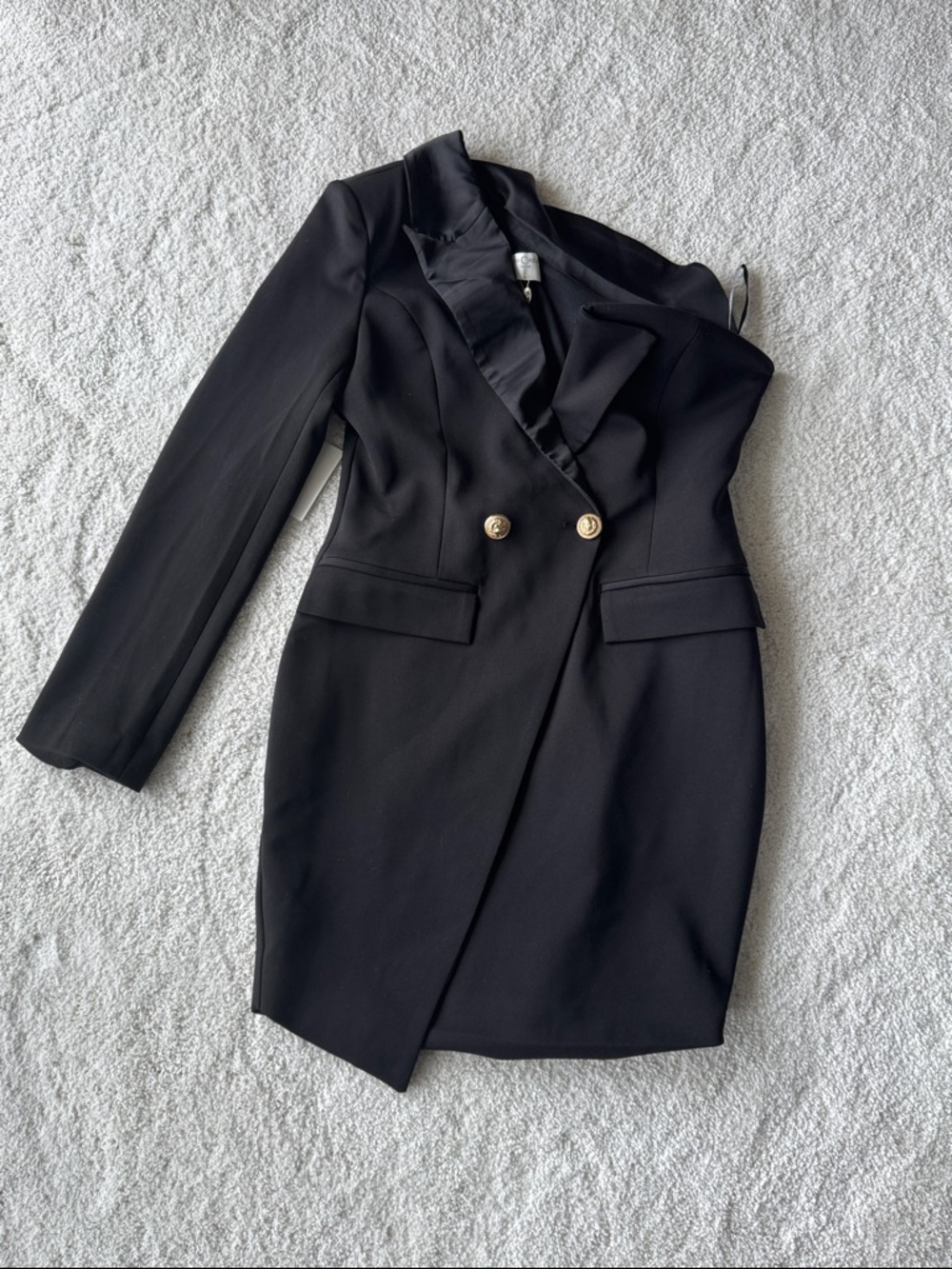Miss Circle Black One-Shoulder Blazer Dress with Gold Buttons